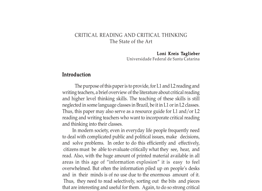 Pdf) Critical Reading And Critical Thinking